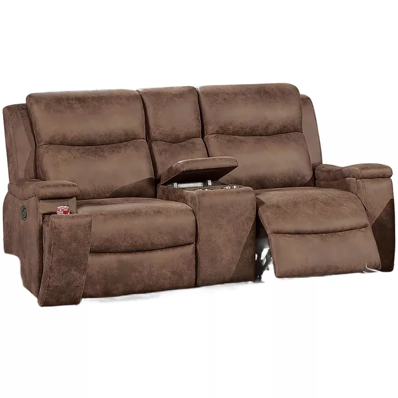 1 piece manual motion loveseat hidden cup holder console with plush back cushion for living room – walnut