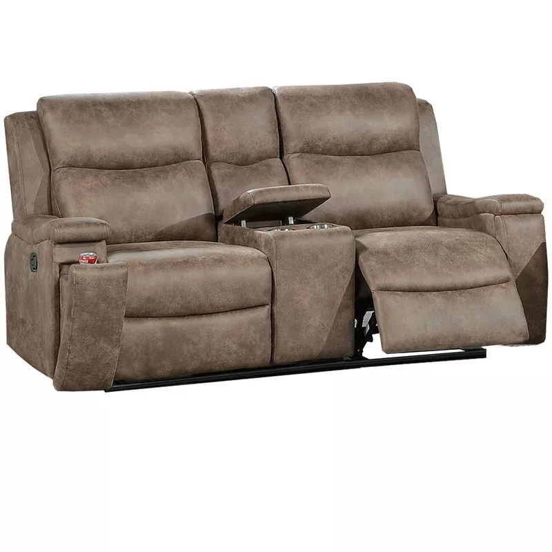 1 piece manual motion loveseat with hidden cup holders plush back cushion – auburn