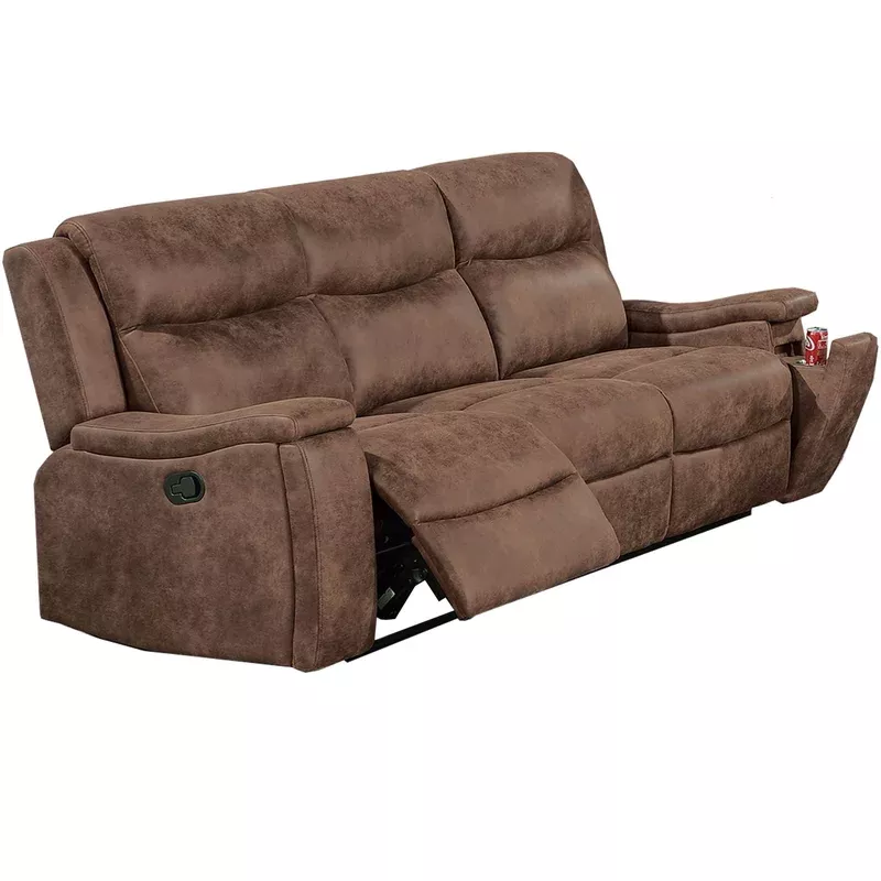 1 piece manual motion sofa console loveseat with plush back cushion and hidden cup holder – auburn