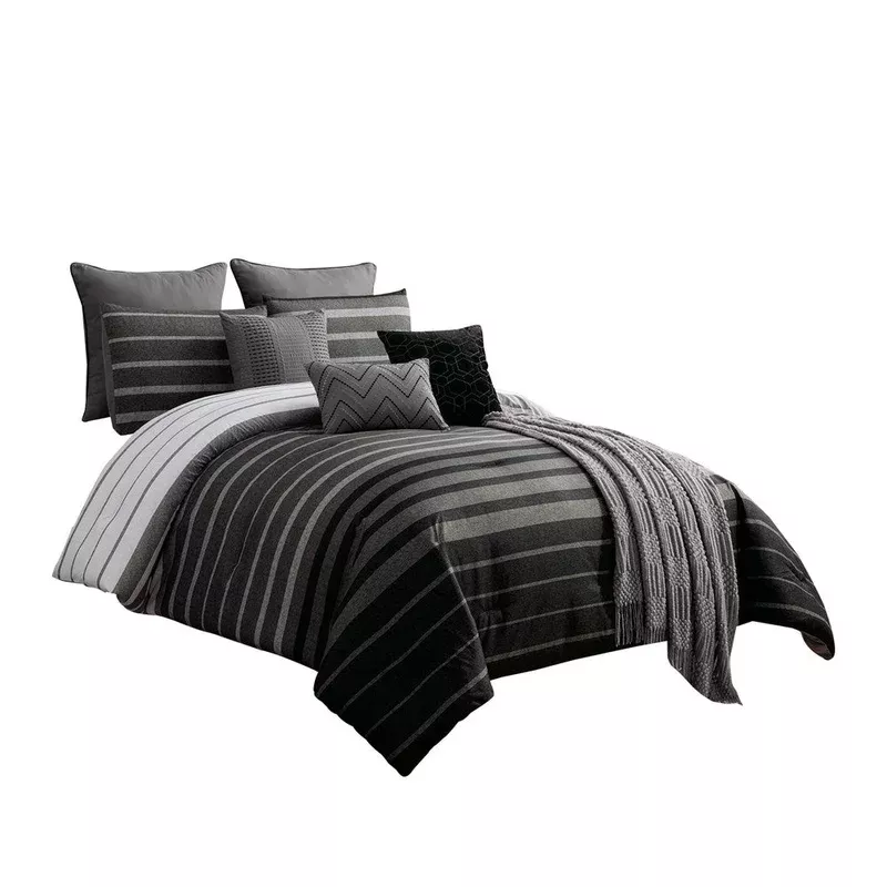 10 piece king polyester comforter set with striped details black and gray – bm227294