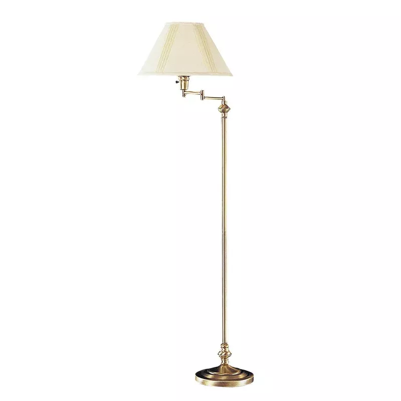 150 watt metal floor lamp with swing arm and fabric conical shade gold