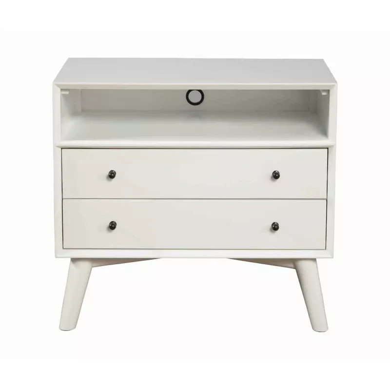 2 drawer wooden nightstand with open compartment and splayed legs white – bm222499