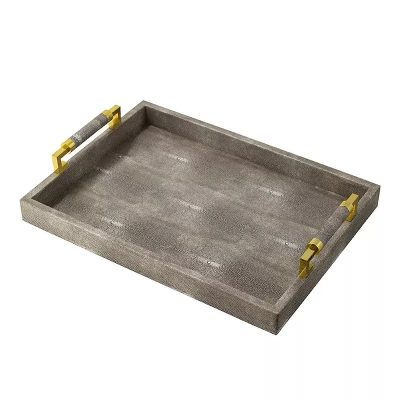 decorative tray faux leather texture finish gold handles gray 19 inch – bm350180