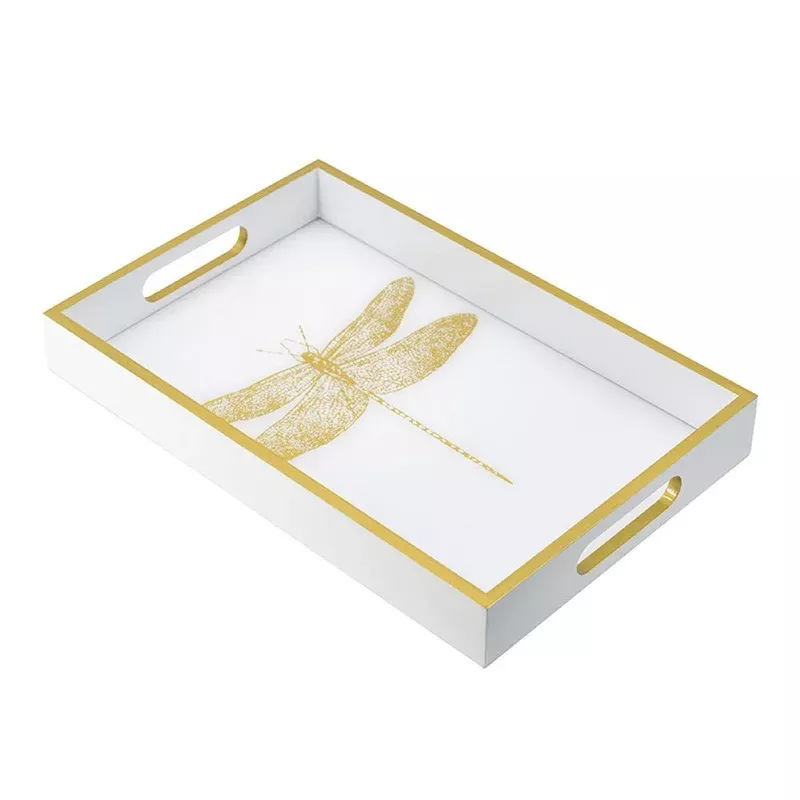 decorative tray gold dragonfly cutout handles white acrylic 16 inch – bm350183