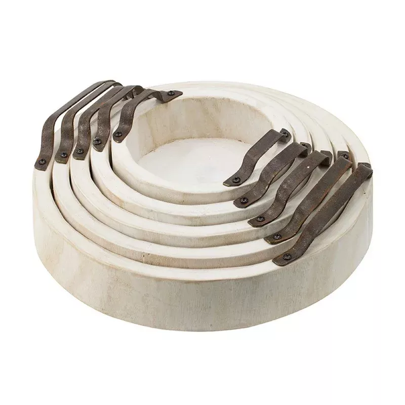 nive round nesting tray set of 5 brown handles whitewash paulownia wood – bm350181