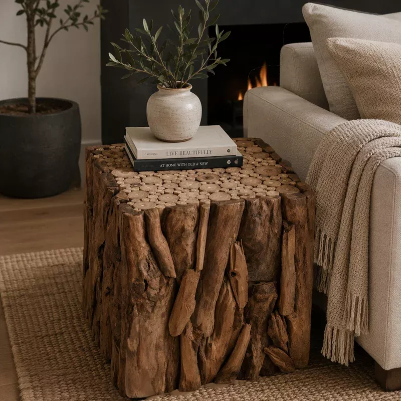 zisa teak root side end table rustic natural brown wood bunching cube 17 inch – upt-350401