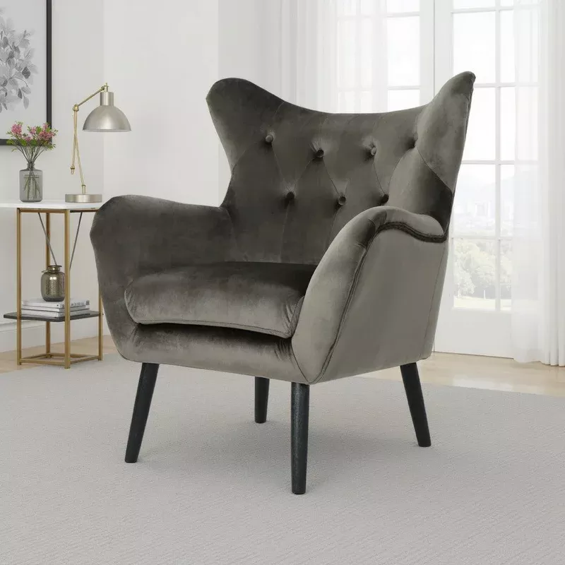zorro armchair black angled wood legs gray button tufted velvet -bm337024